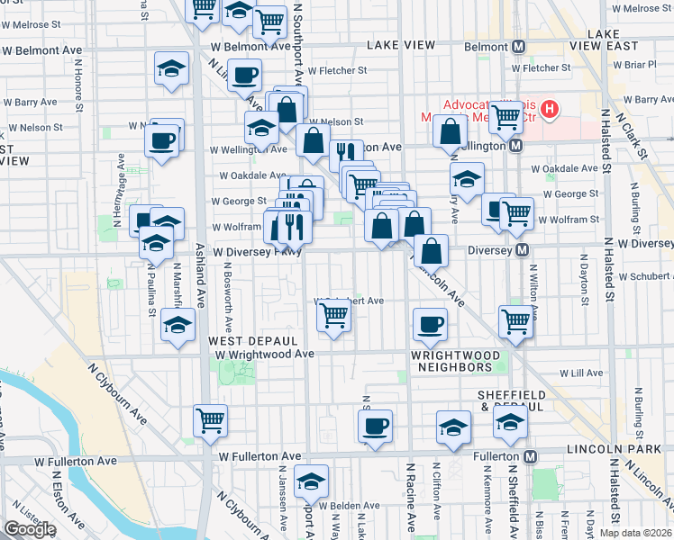 map of restaurants, bars, coffee shops, grocery stores, and more near 1305 West Diversey Parkway in Chicago