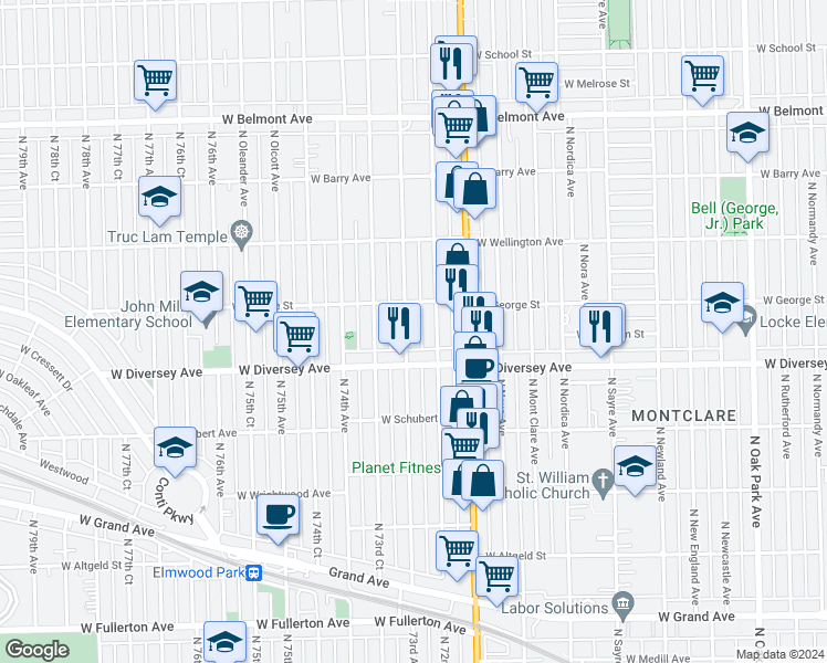 map of restaurants, bars, coffee shops, grocery stores, and more near 2825 73rd Avenue in Chicago