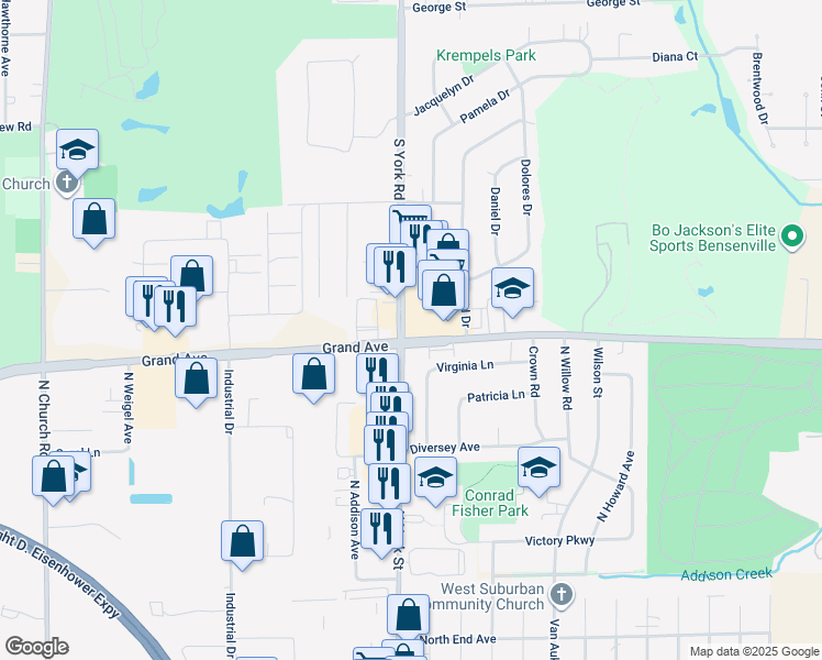 map of restaurants, bars, coffee shops, grocery stores, and more near 1151 South York Road in Bensenville