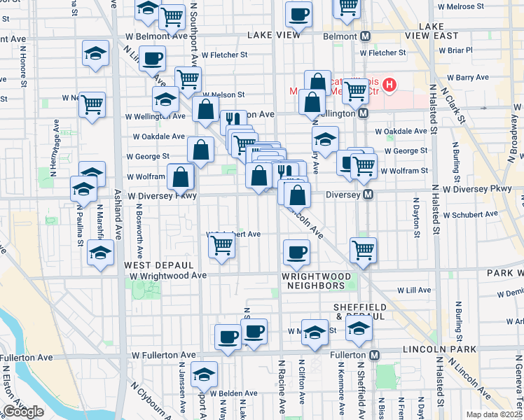 map of restaurants, bars, coffee shops, grocery stores, and more near 1228 West Diversey Parkway in Chicago