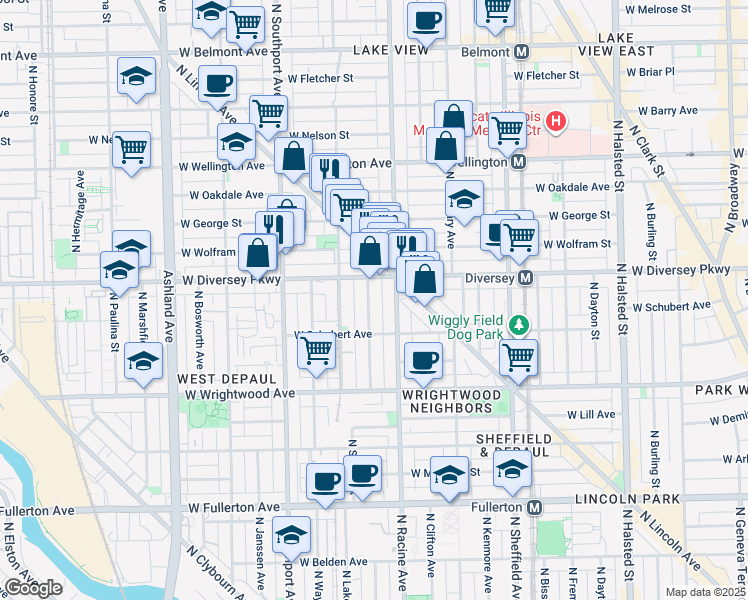 map of restaurants, bars, coffee shops, grocery stores, and more near 2735 North Magnolia Avenue in Chicago