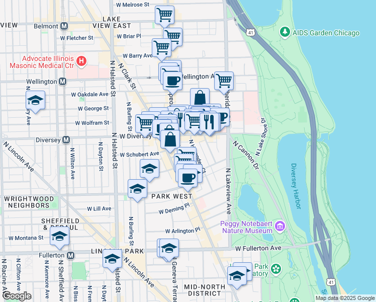 map of restaurants, bars, coffee shops, grocery stores, and more near 521 West Diversey Parkway in Chicago