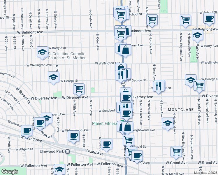 map of restaurants, bars, coffee shops, grocery stores, and more near 2825 73rd Avenue in Chicago