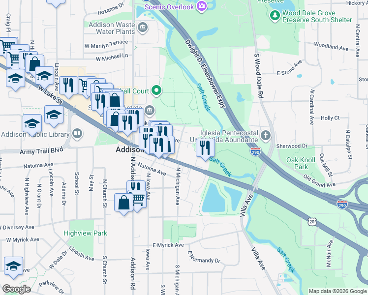 map of restaurants, bars, coffee shops, grocery stores, and more near 198 East North Avenue in Addison