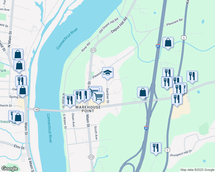 map of restaurants, bars, coffee shops, grocery stores, and more near 36 Gardner Street in East Windsor