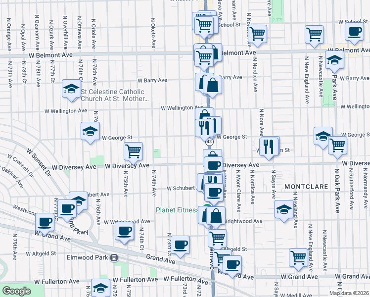 map of restaurants, bars, coffee shops, grocery stores, and more near 2847 73rd Avenue in Elmwood Park
