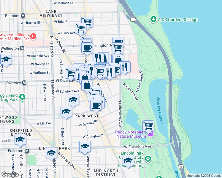 map of restaurants, bars, coffee shops, grocery stores, and more near 2727 North Pine Grove Avenue in Chicago