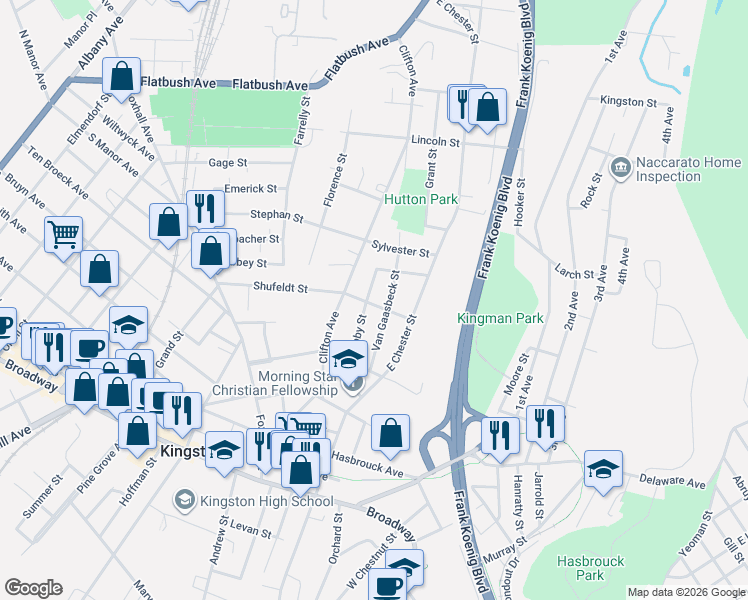 map of restaurants, bars, coffee shops, grocery stores, and more near 81 Van Gaasbeck Street in Kingston