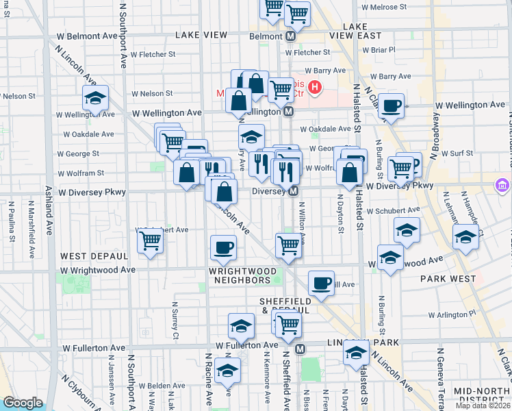 map of restaurants, bars, coffee shops, grocery stores, and more near 1055 West Diversey Parkway in Chicago