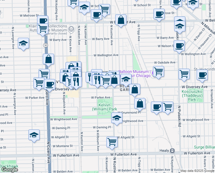 map of restaurants, bars, coffee shops, grocery stores, and more near 2829 North Kenneth Avenue in Chicago