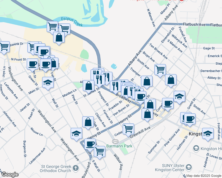 map of restaurants, bars, coffee shops, grocery stores, and more near 38 Albany Avenue in Kingston