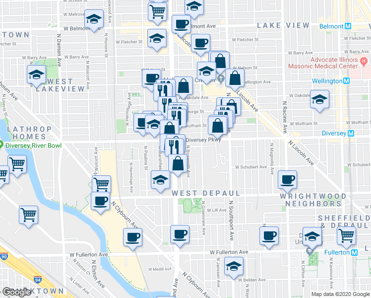 map of restaurants, bars, coffee shops, grocery stores, and more near 2742 North Bosworth Avenue in Chicago
