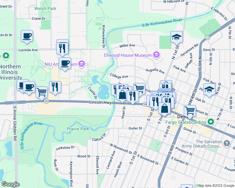 map of restaurants, bars, coffee shops, grocery stores, and more near 131 John Street in DeKalb
