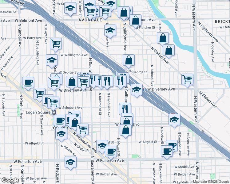 map of restaurants, bars, coffee shops, grocery stores, and more near 2834 West Diversey Avenue in Chicago