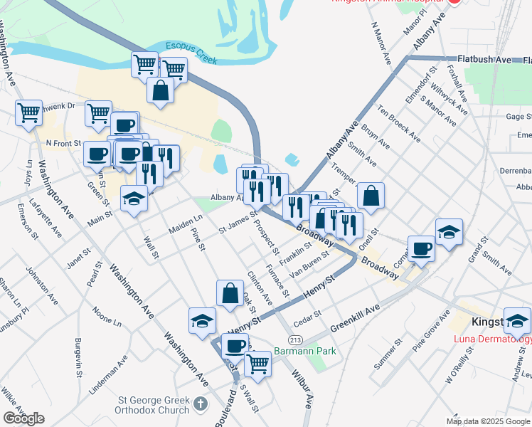 map of restaurants, bars, coffee shops, grocery stores, and more near 755 Broadway in Kingston