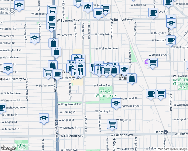 map of restaurants, bars, coffee shops, grocery stores, and more near 4514 W Diversey Ave in Chicago