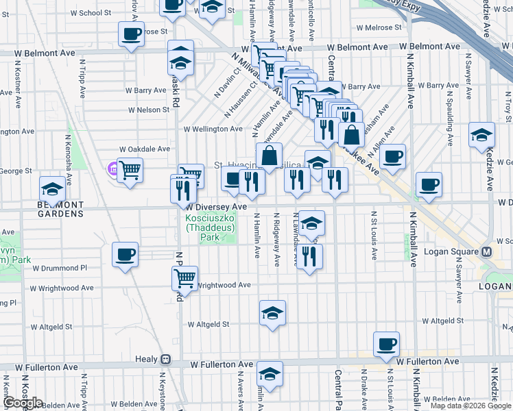 map of restaurants, bars, coffee shops, grocery stores, and more near W Diversey Ave & N Hamlin Ave in Chicago