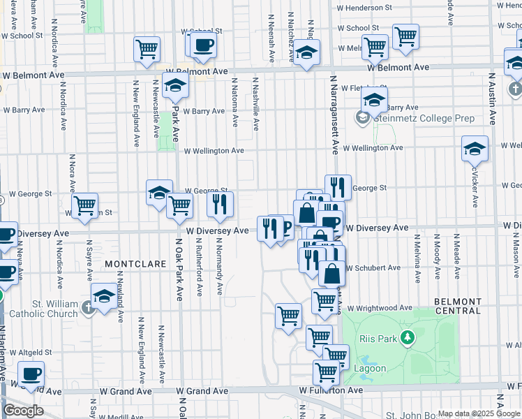 map of restaurants, bars, coffee shops, grocery stores, and more near 6559 West George Street in Chicago