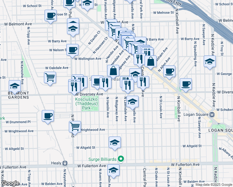 map of restaurants, bars, coffee shops, grocery stores, and more near W Diversey Ave & N Ridgeway Ave in Chicago