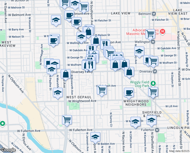 map of restaurants, bars, coffee shops, grocery stores, and more near 1344 West Diversey Parkway in Chicago