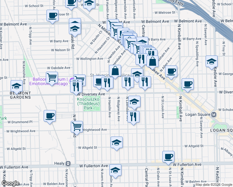 map of restaurants, bars, coffee shops, grocery stores, and more near 2823 North Hamlin Avenue in Chicago
