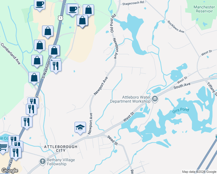 map of restaurants, bars, coffee shops, grocery stores, and more near 108 Newport Avenue in Attleboro