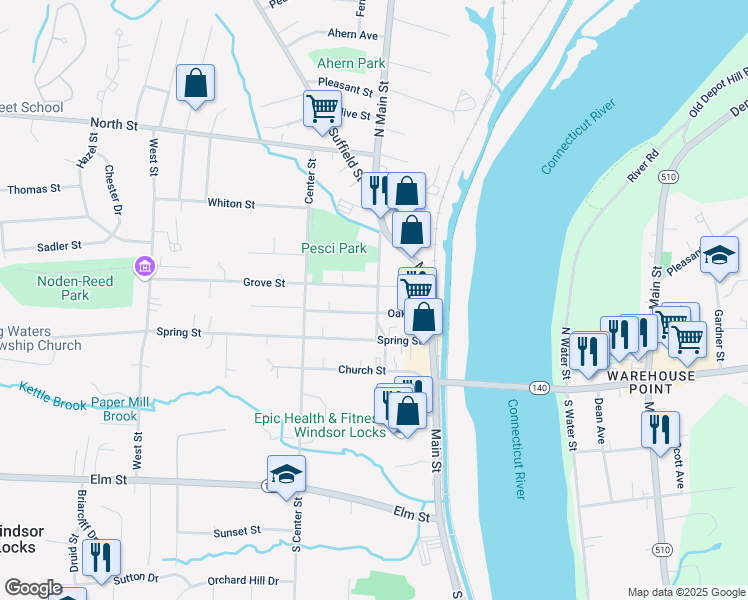 map of restaurants, bars, coffee shops, grocery stores, and more near 32 Chestnut Street in Windsor Locks