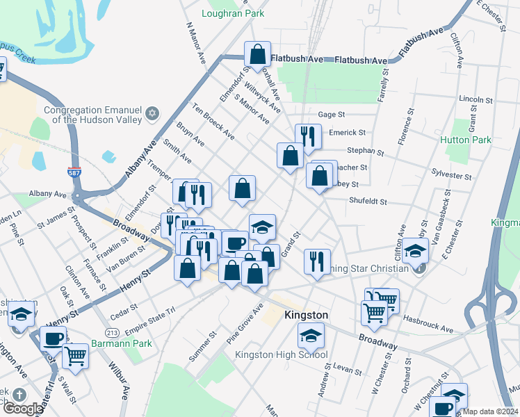 map of restaurants, bars, coffee shops, grocery stores, and more near 60 Bruyn Avenue in Kingston