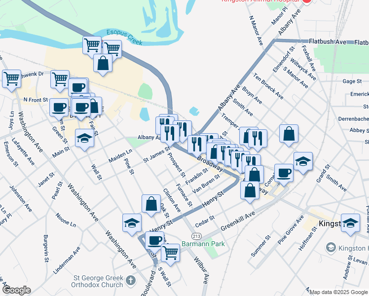 map of restaurants, bars, coffee shops, grocery stores, and more near 38 Albany Avenue in Kingston