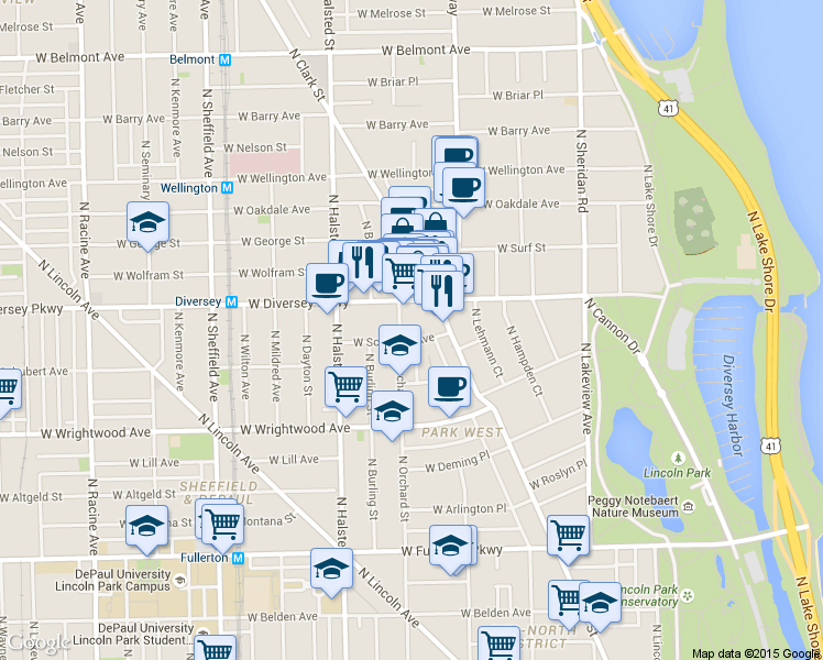 map of restaurants, bars, coffee shops, grocery stores, and more near 671 West Diversey Parkway in Chicago