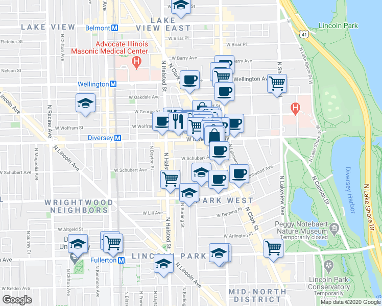map of restaurants, bars, coffee shops, grocery stores, and more near 671 West Diversey Parkway in Chicago