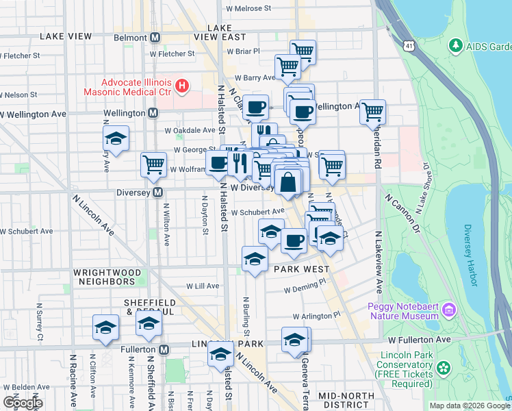 map of restaurants, bars, coffee shops, grocery stores, and more near 671 West Diversey Parkway in Chicago