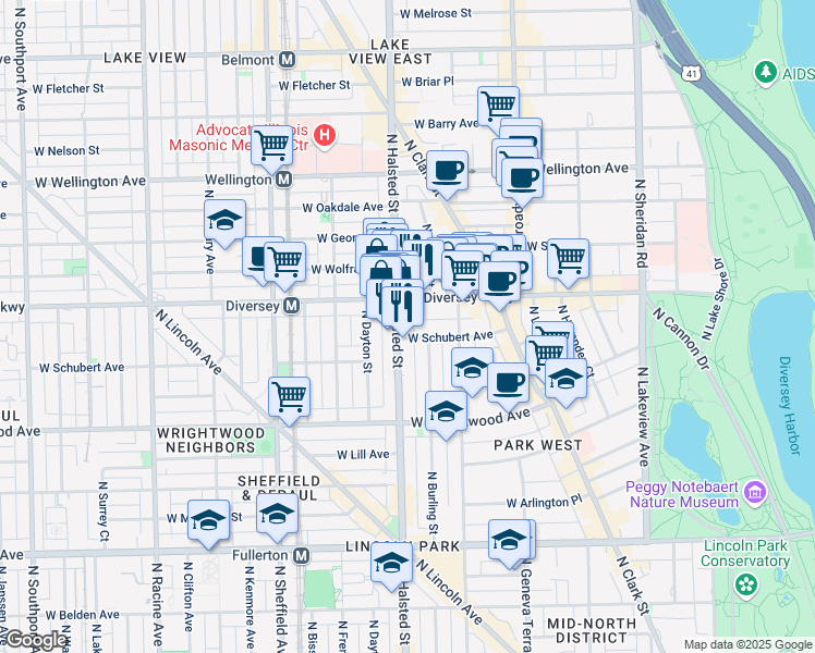 map of restaurants, bars, coffee shops, grocery stores, and more near 735 West Diversey Parkway in Chicago