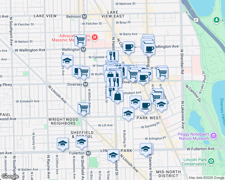 map of restaurants, bars, coffee shops, grocery stores, and more near in Chicago