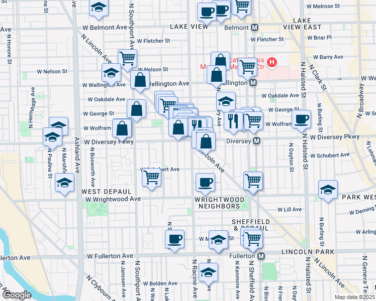 map of restaurants, bars, coffee shops, grocery stores, and more near 2815 North Lincoln Avenue in Chicago