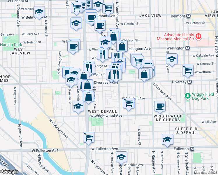 map of restaurants, bars, coffee shops, grocery stores, and more near 1420 West Diversey Parkway in Chicago