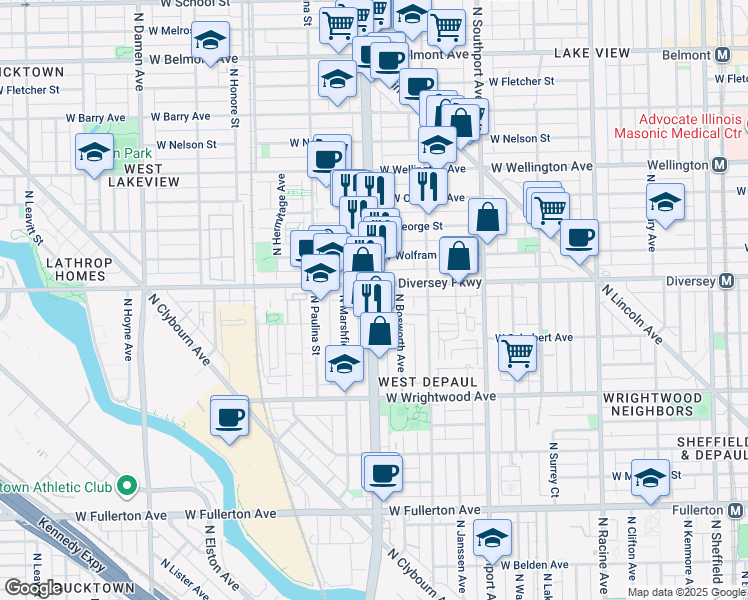 map of restaurants, bars, coffee shops, grocery stores, and more near in Chicago