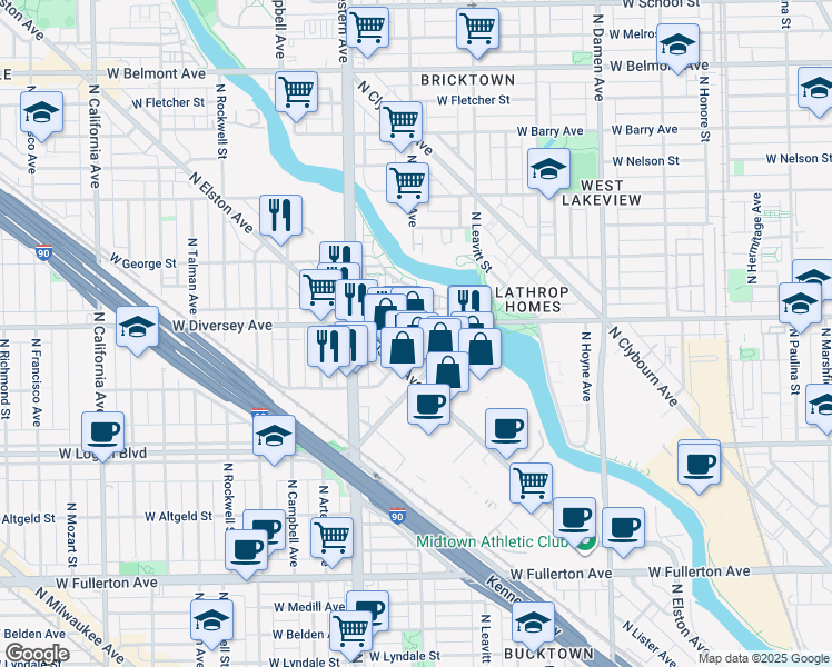 map of restaurants, bars, coffee shops, grocery stores, and more near in Chicago