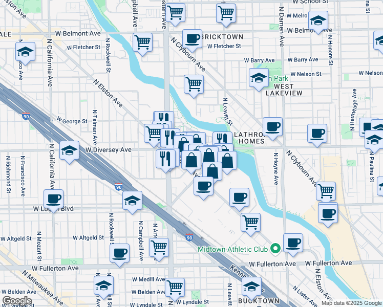 map of restaurants, bars, coffee shops, grocery stores, and more near in Chicago
