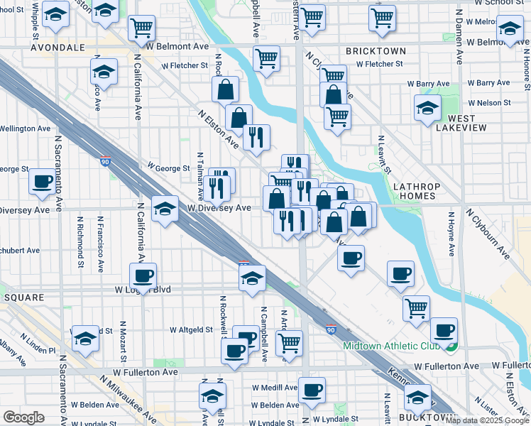 map of restaurants, bars, coffee shops, grocery stores, and more near 2450 West Diversey Avenue in Chicago