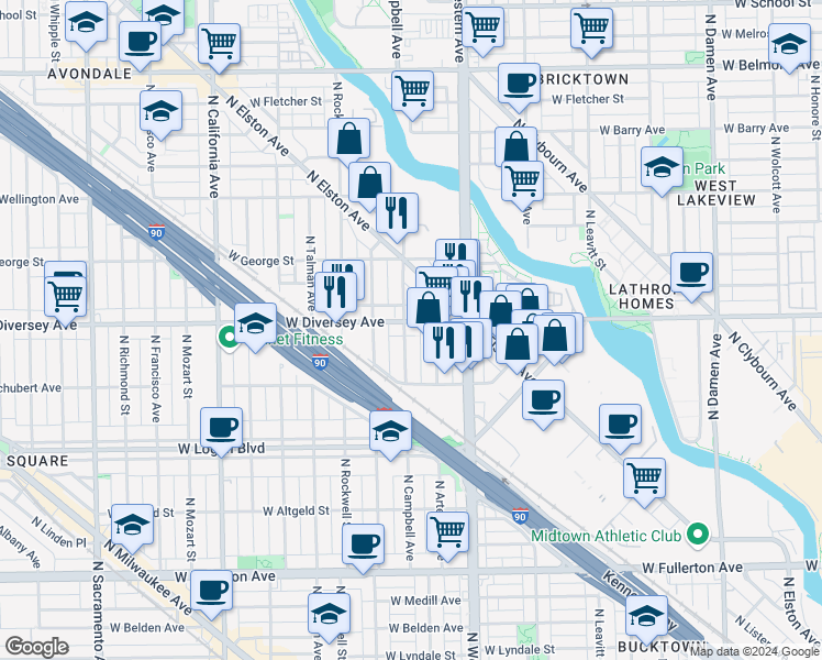 map of restaurants, bars, coffee shops, grocery stores, and more near 2450 West Diversey Avenue in Chicago