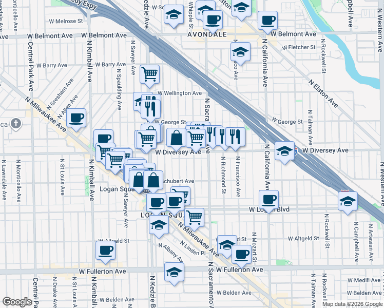 map of restaurants, bars, coffee shops, grocery stores, and more near 2815 North Whipple Street in Chicago