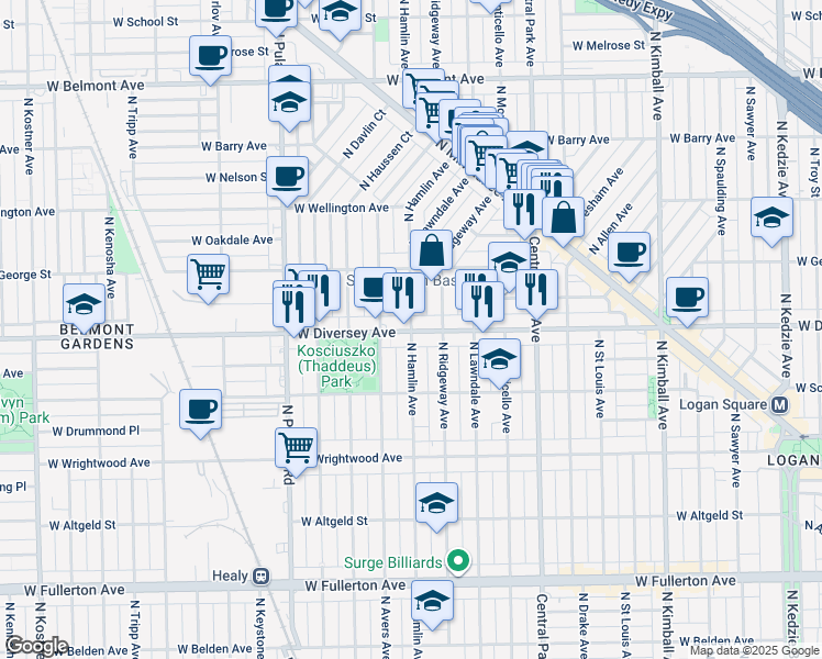 map of restaurants, bars, coffee shops, grocery stores, and more near 2823 North Hamlin Avenue in Chicago