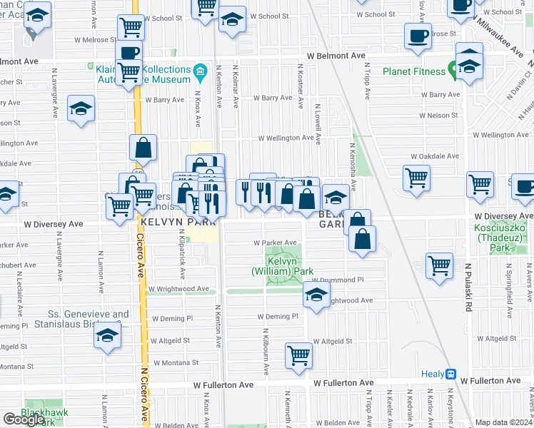 map of restaurants, bars, coffee shops, grocery stores, and more near 2810 North Kilbourn Avenue in Chicago