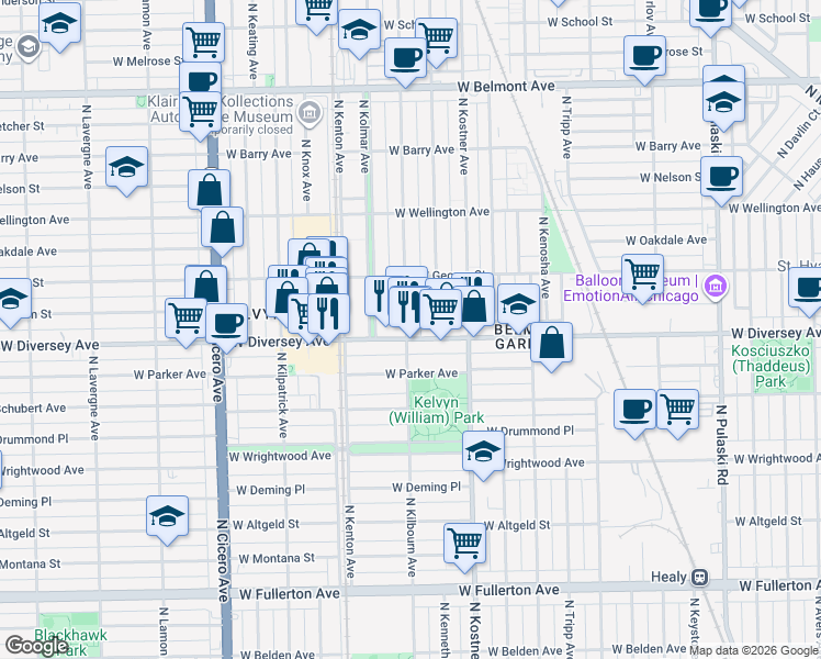 map of restaurants, bars, coffee shops, grocery stores, and more near 2810 North Kilbourn Avenue in Chicago