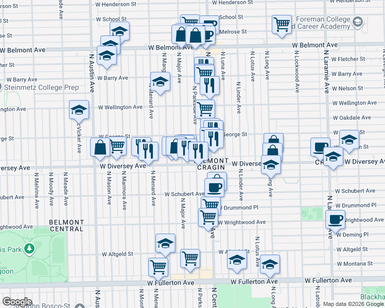 map of restaurants, bars, coffee shops, grocery stores, and more near 2844 North Parkside Avenue in Chicago