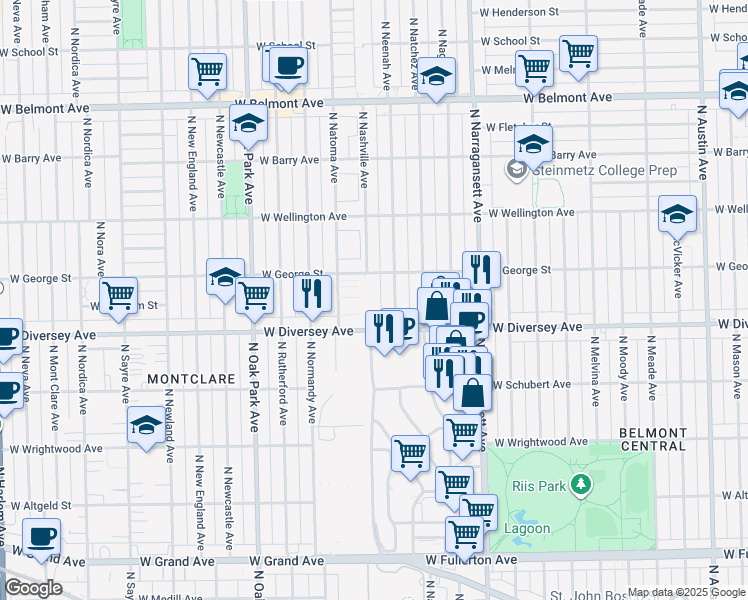 map of restaurants, bars, coffee shops, grocery stores, and more near 6559 West George Street in Chicago