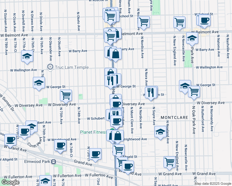 map of restaurants, bars, coffee shops, grocery stores, and more near 2858 North Neva Avenue in Chicago