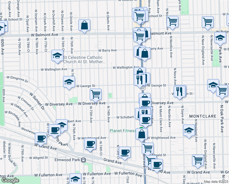 map of restaurants, bars, coffee shops, grocery stores, and more near 2847 North 73rd Court in Elmwood Park