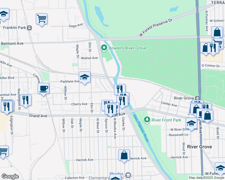 map of restaurants, bars, coffee shops, grocery stores, and more near 2930 River Road in River Grove
